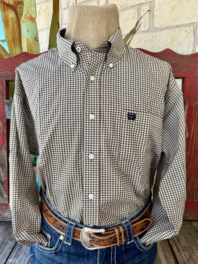 Men's natural, brown, and black print long-sleeve Western shirt — Blair's Western Wear Marble Falls TX⠋