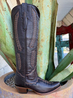  Side view of women's dark chocolate tall Western boot with decorative stitching, tapered toe and brown heel — Blair's Western Wear Marble Falls TX