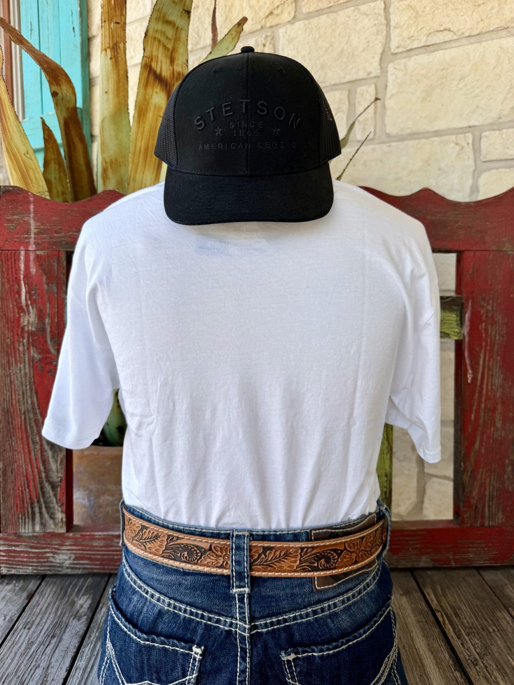 Men's white Sendero Provisions Co. Armadillo Drinkin' short sleeve tee, solid white back view styled with jeans and tooled leather belt — Blair's Western Wear Marble Falls TX