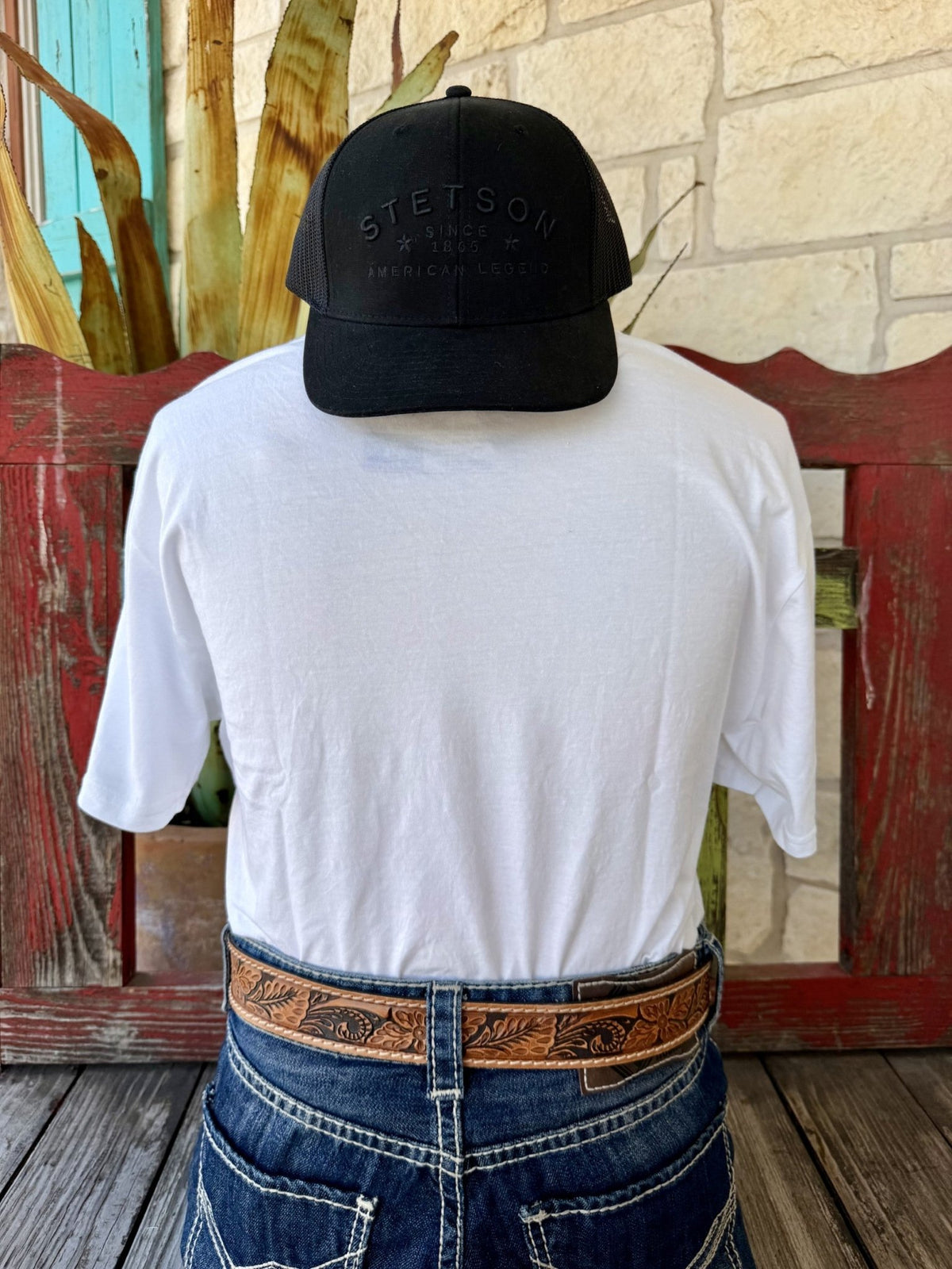 Men's white Sendero Provisions Co. Armadillo Drinkin' short sleeve tee, solid white back view styled with jeans and tooled leather belt — Blair's Western Wear Marble Falls TX