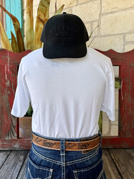 Men's white Sendero Provisions Co. Armadillo Drinkin' short sleeve tee, solid white back view styled with jeans and tooled leather belt — Blair's Western Wear Marble Falls TX
