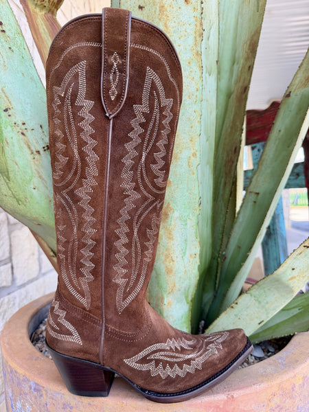 Front view of women's oiled tan suede Ariat Casanova tall western boot showing cream embroidery detail and snip toe — Blair's Western Wear Marble Falls TX