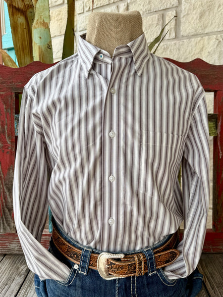 Men's Wrangler white and wine stripe long sleeve button-up shirt — Blair's Western Wear Marble Falls TX Media Title: Men's Wrangler Long Sleeve Stripe Button-Up Shirt 112381553 - Blair's Western Wear Marble Falls TX