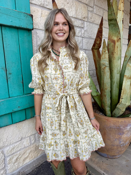 Floral Block Print Ruffle Collar Tiered Mini Dress