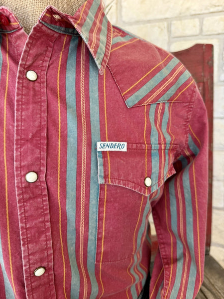 Men's Sendero Brick and Turquoise Striped Long Sleeve Pearl Snap Shirt