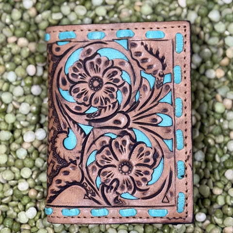 Men's Floral Tooled Turquoise Overlay Whip Stitch Trifold Wallet