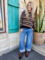 Women's Chocolate Tan Stripe Oversized Long Sleeve Knit Sweater