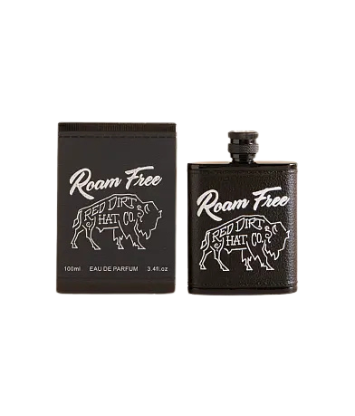 Men's Red Dirt Hat Co. Roam Free 3.4 fl oz matte black flask-style eau de parfum bottle with bison logo and matching gift box — Blair's Western Wear Marble Falls TX
