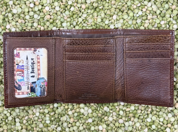 Men's Brown Tooled Overlay Praying Cowboy Concho Trifold Wallet