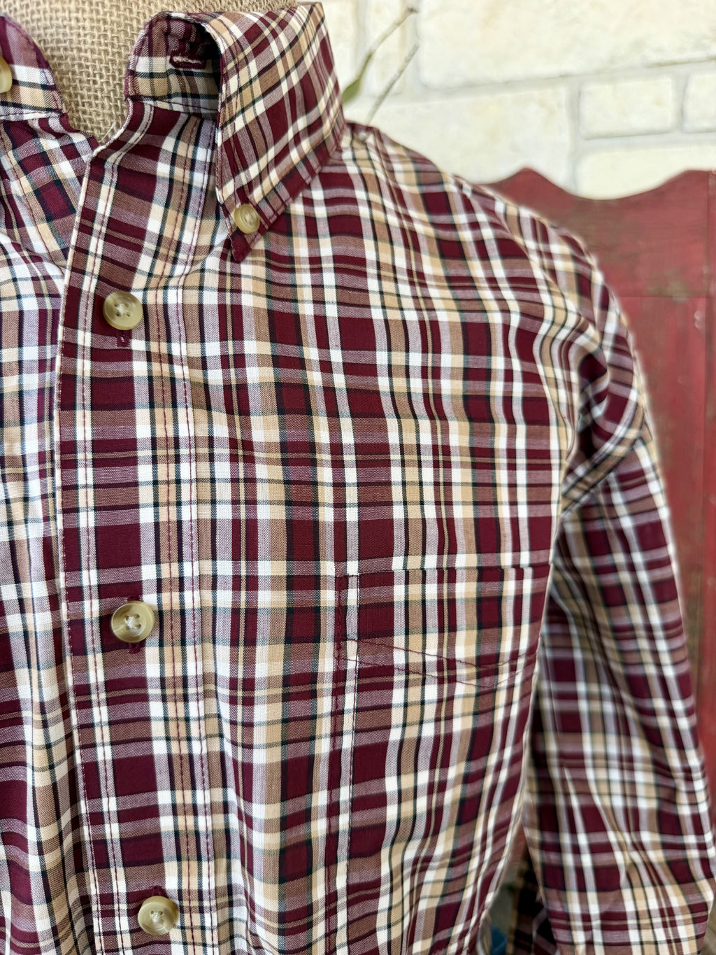 Men's Wrangler Wine and Tan Plaid Long Sleeve Shirt
