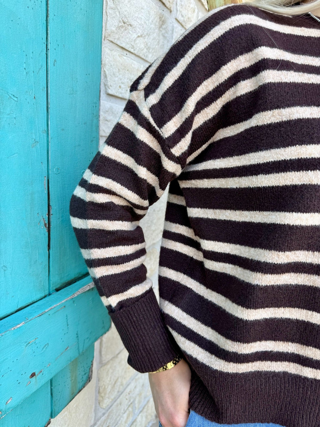 Women's Chocolate Tan Stripe Oversized Long Sleeve Knit Sweater