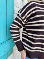 Women's Chocolate Tan Stripe Oversized Long Sleeve Knit Sweater
