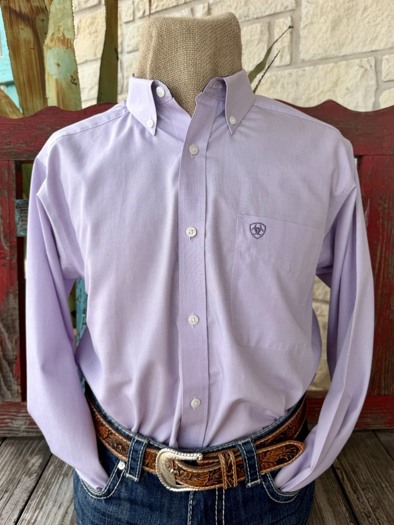 Men's light purple solid long sleeve button-up shirt with point collar and single chest pocket, front view — Blair's Western Wear Marble Falls TX