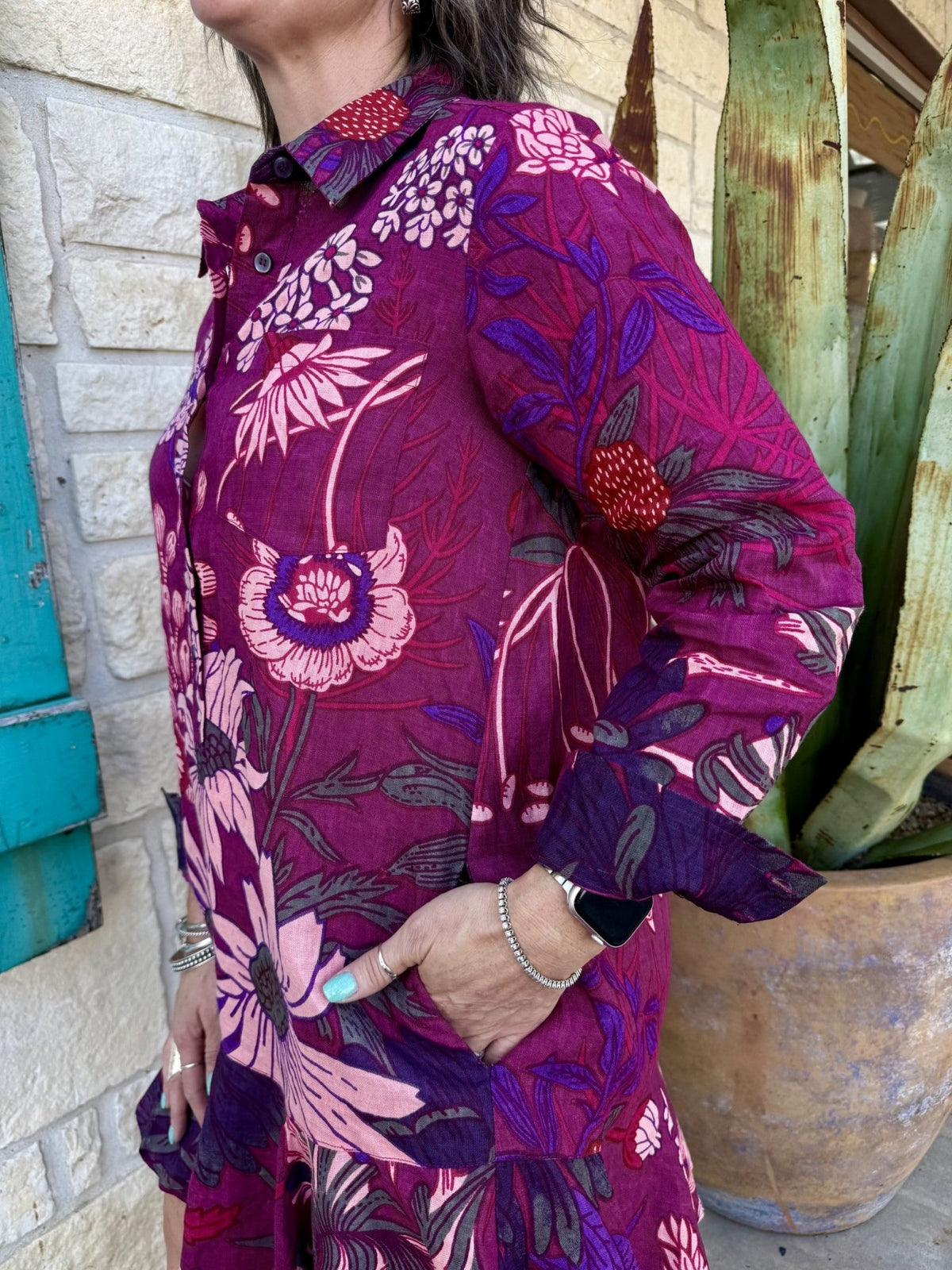 Women's Wine Oversized Floral Linen Swing Shirt Dress