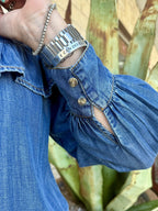 Women's Denim Ruffle Yoke Tie Neck Long Sleeve Blouse