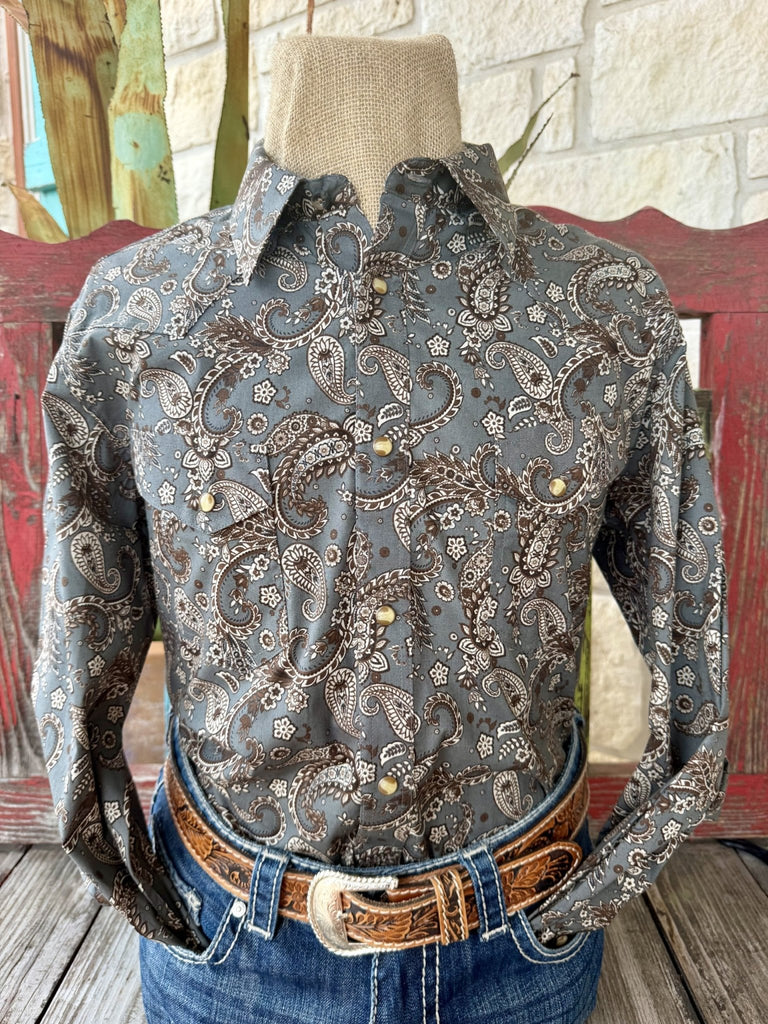 Men's sage and brown paisley long sleeve button-up shirt with point collar and single chest pocket, front view — Blair's Western Wear Marble Falls TX
