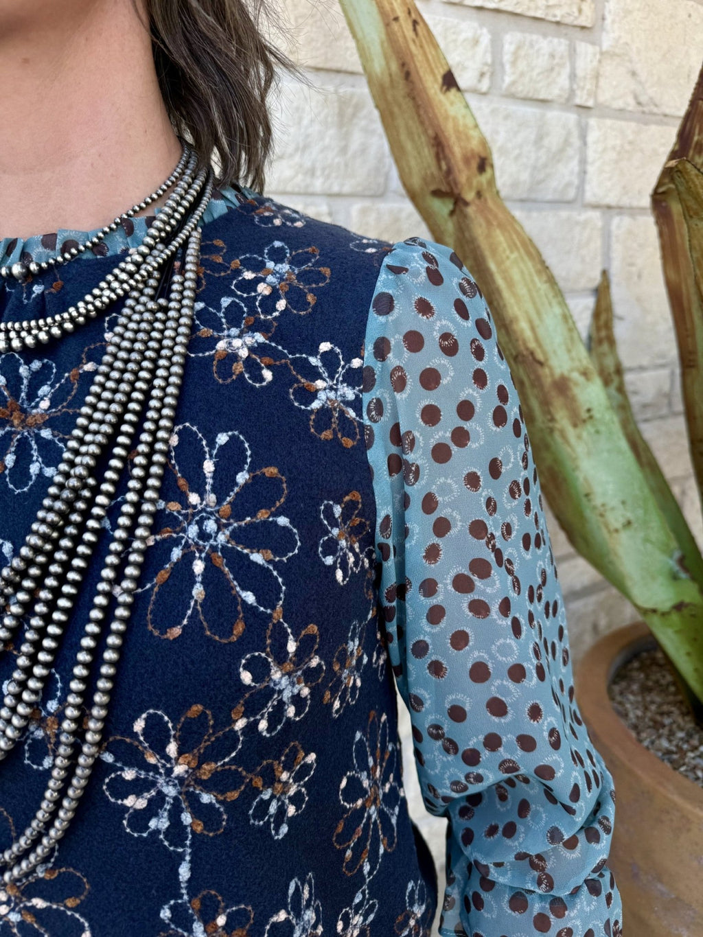 Women's Navy Floral Embroidered Long Sleeve Top