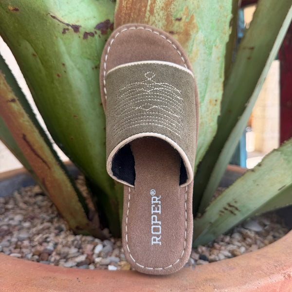 Women's olive suede slide boot with cushioned footbed and slip-on silhouette — Blair's Western Wear Marble Falls TX