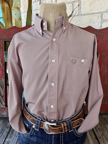 Men's natural, rust, and black geometric print long sleeve button-up shirt with point collar and single chest pocket, front view — Blair's Western Wear Marble Falls TX