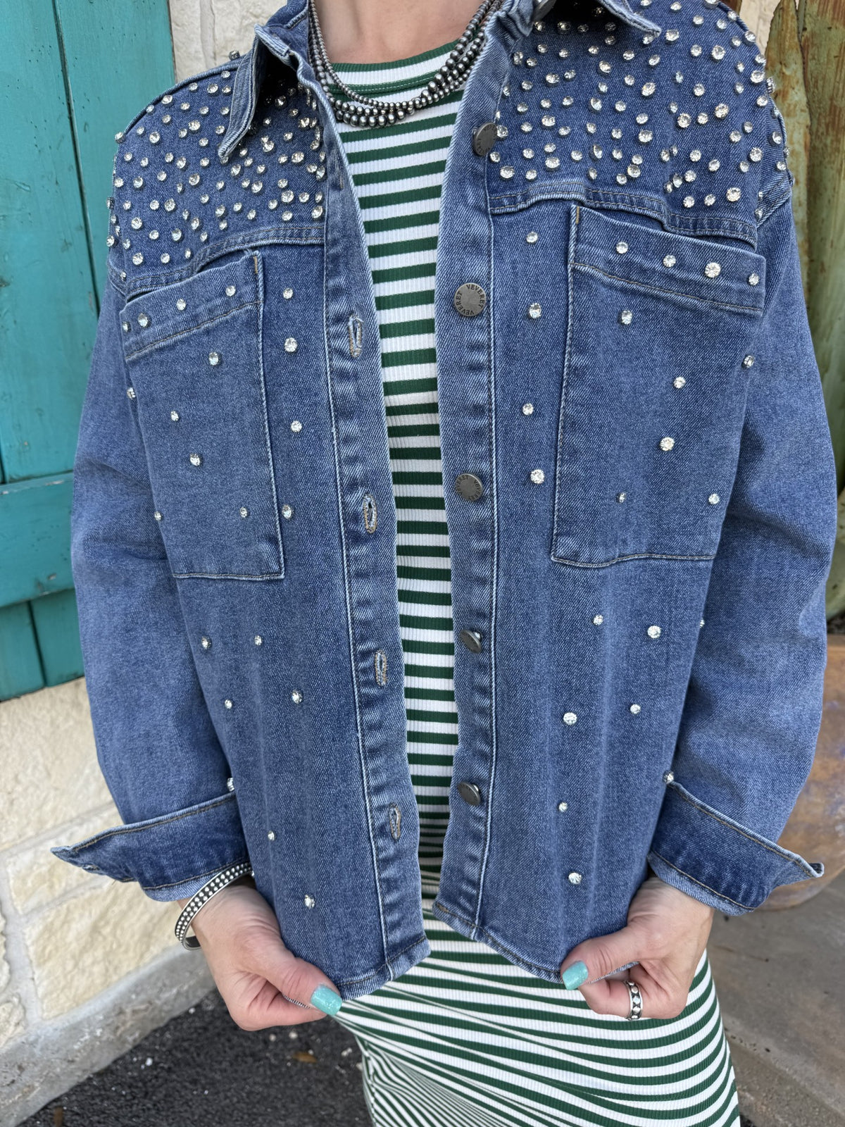 Women's Blue Rhinestone Denim Shacket