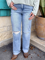 Women's Light Wash Hi Rise Distressed Wide Straight Leg Jean