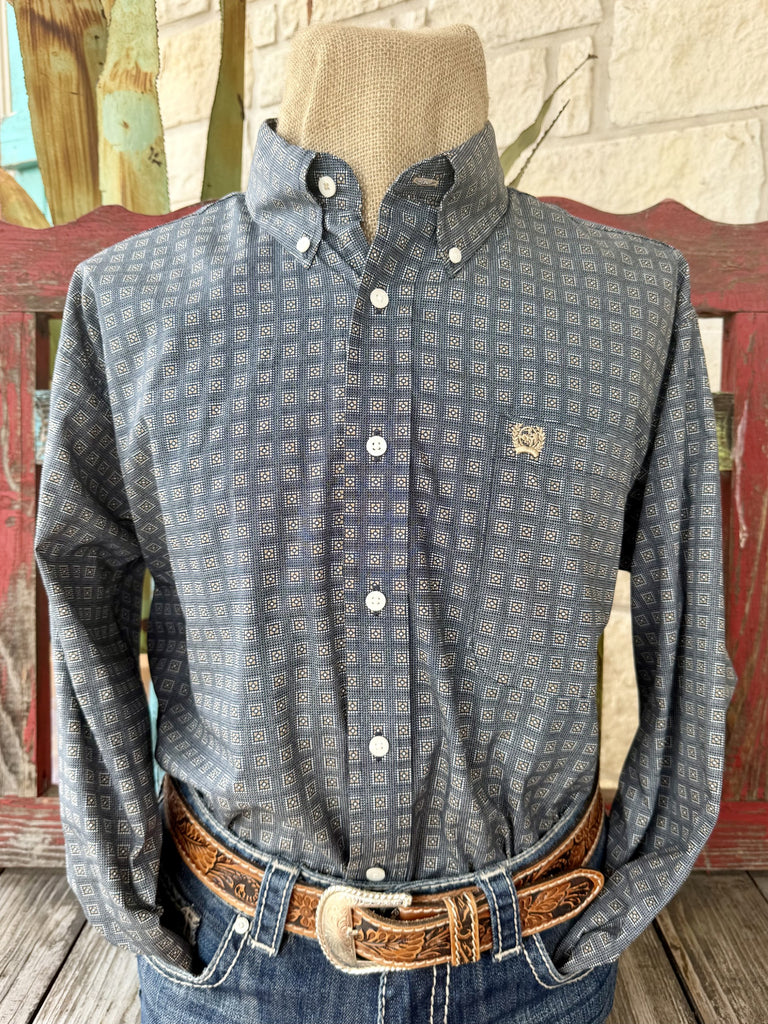 Men's navy and brown square print long sleeve button-up shirt with point collar and single chest pocket, front view — Blair's Western Wear Marble Falls TX