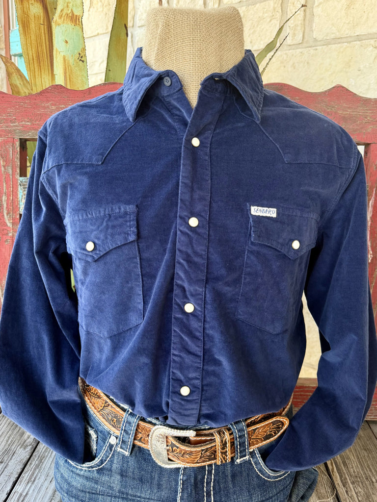 Men's navy solid pearl snap long-sleeve Western shirt — Blair's Western Wear Marble Falls TX