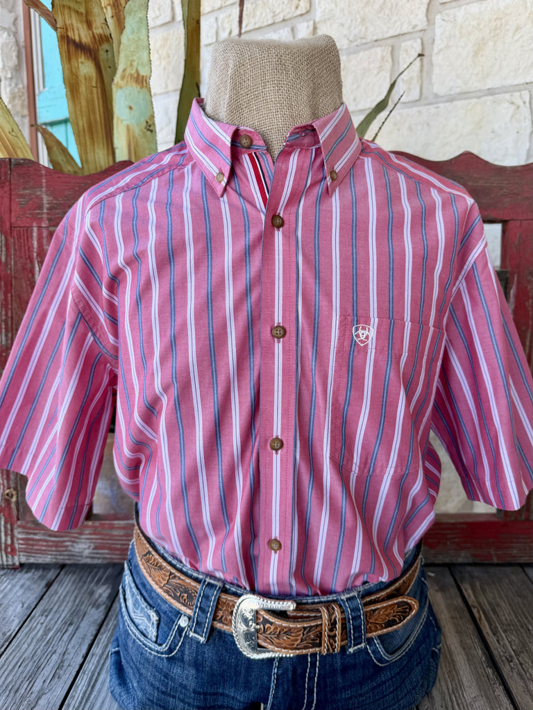 Men's white red and navy stripe short sleeve button-up Western shirt — Blair's Western Wear Marble Falls TX
