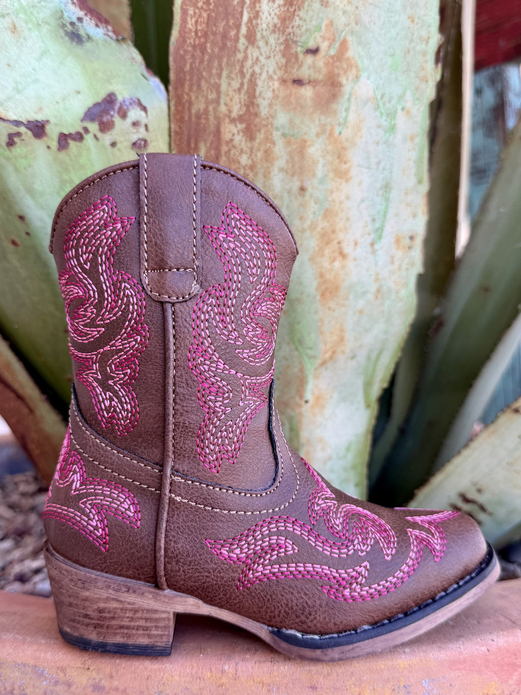 Kids' brown Western boot with pink shaft and foot embroidery, pull tab and low stacked-look heel — Blair's Western Wear Marble Falls TX