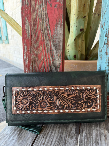 Women's Hunter Green Tooled Leather Wristlet