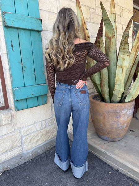 Women's Long Sleeve Off-Shoulder Burnout Lace Top