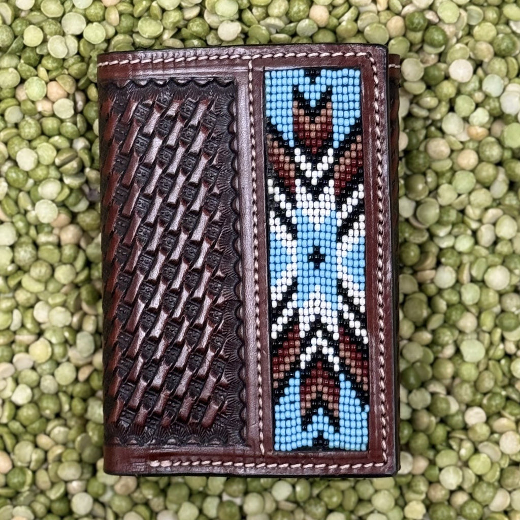 Men's Basketweave Tooled Aztec-Inspired Beaded Inlay Trifold Wallet