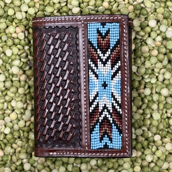 Men's Basketweave Tooled Aztec-Inspired Beaded Inlay Trifold Wallet