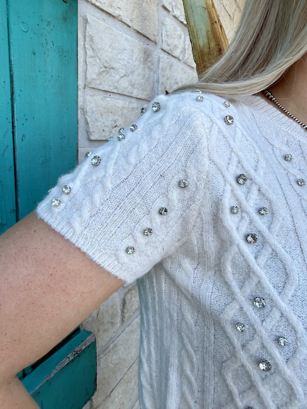 Women's Ivory Crystal Stud Cable Knit Crop Top