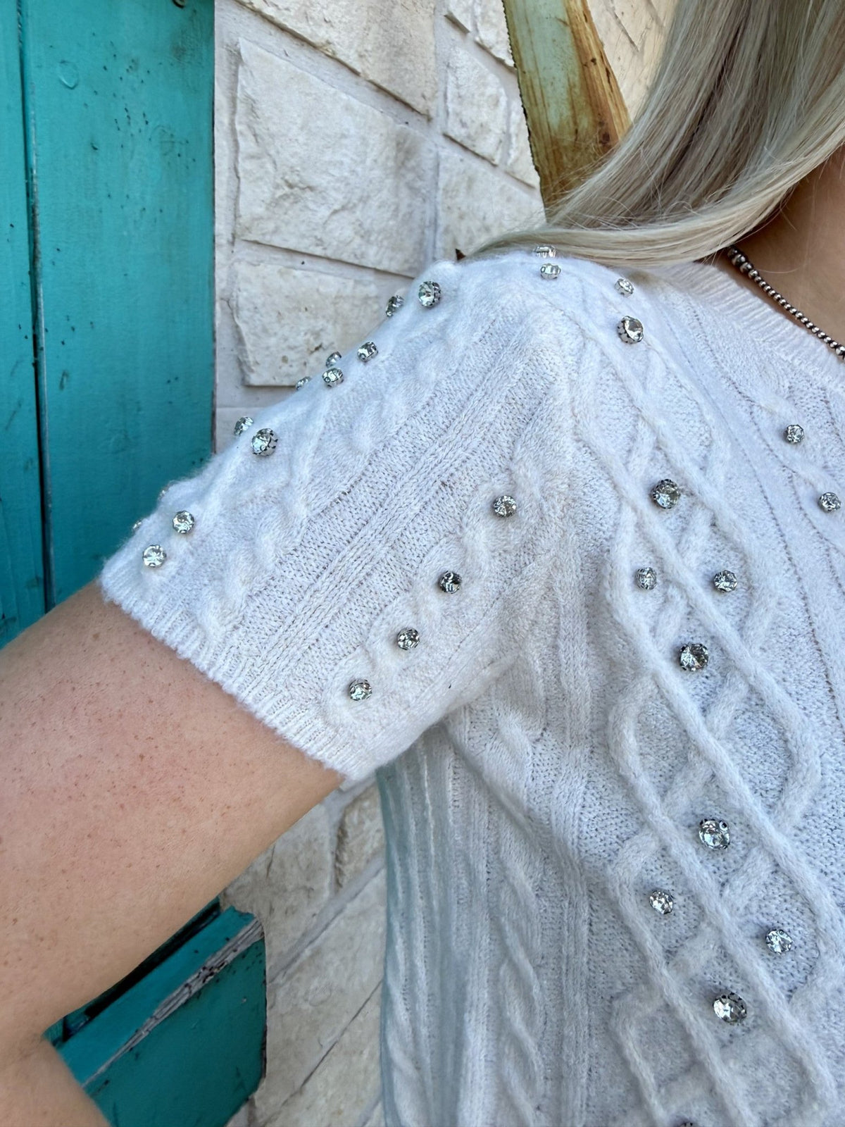 Women's Ivory Crystal Stud Cable Knit Crop Top