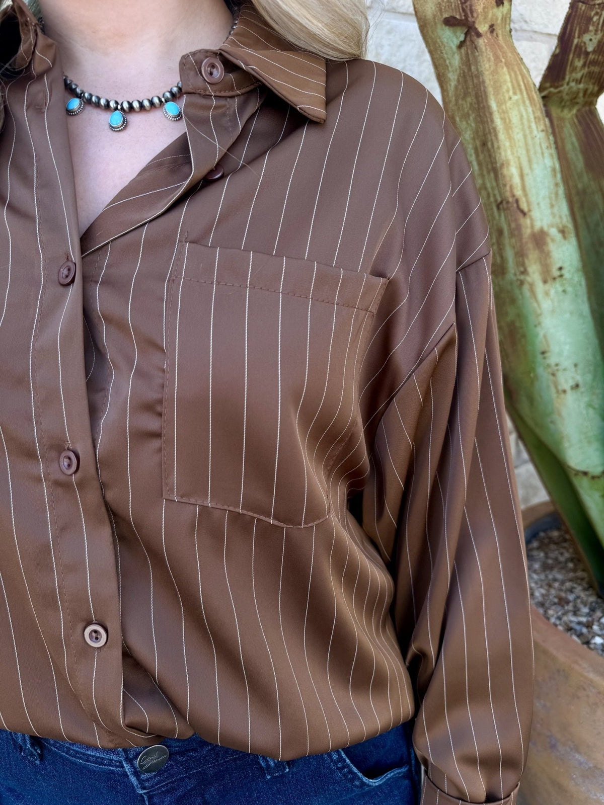 Women's Long Sleeve Pinstripe Button-Front Top