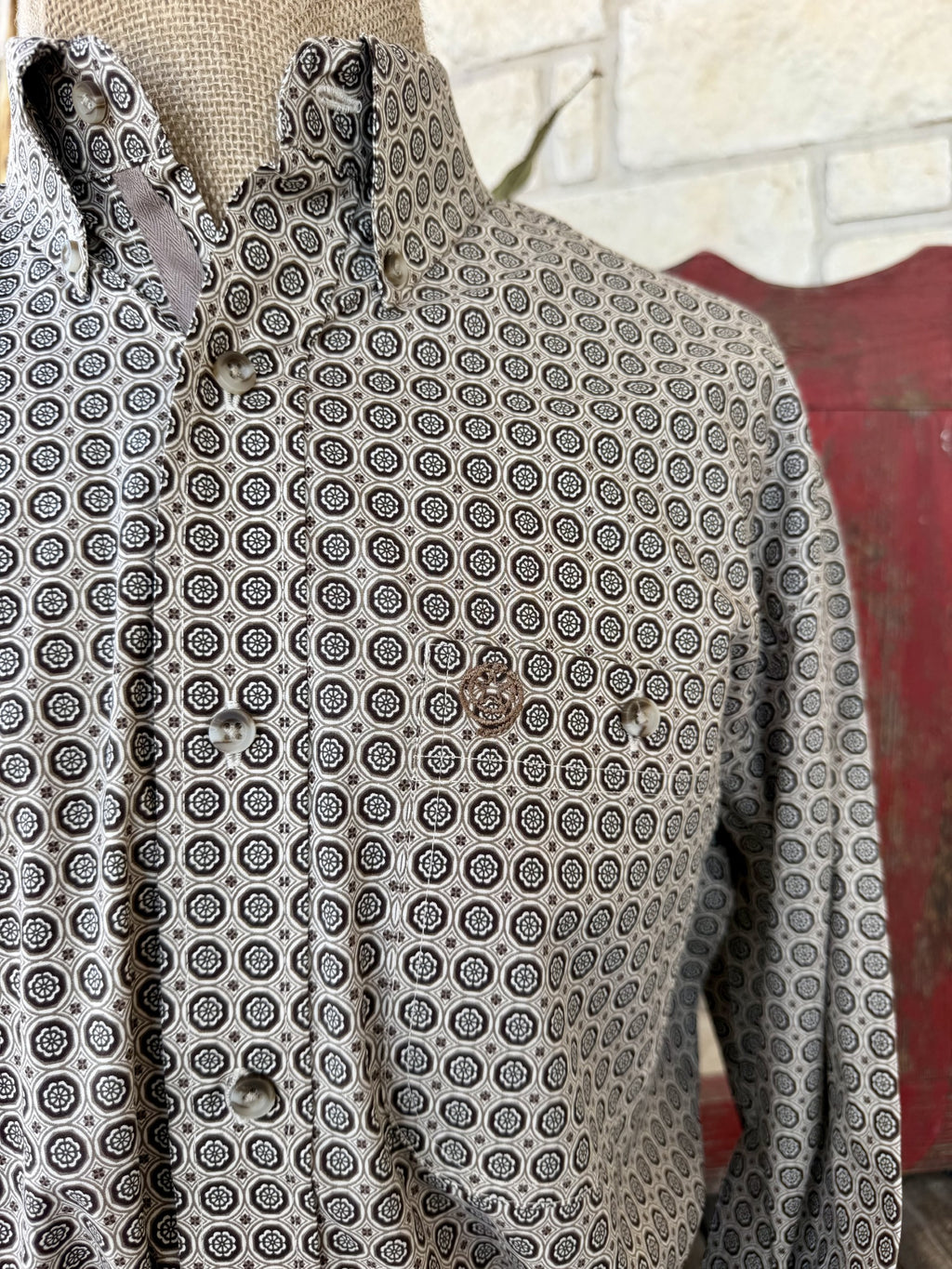 Men's Wrangler Tan and Brown Printed Long Sleeve Shirt