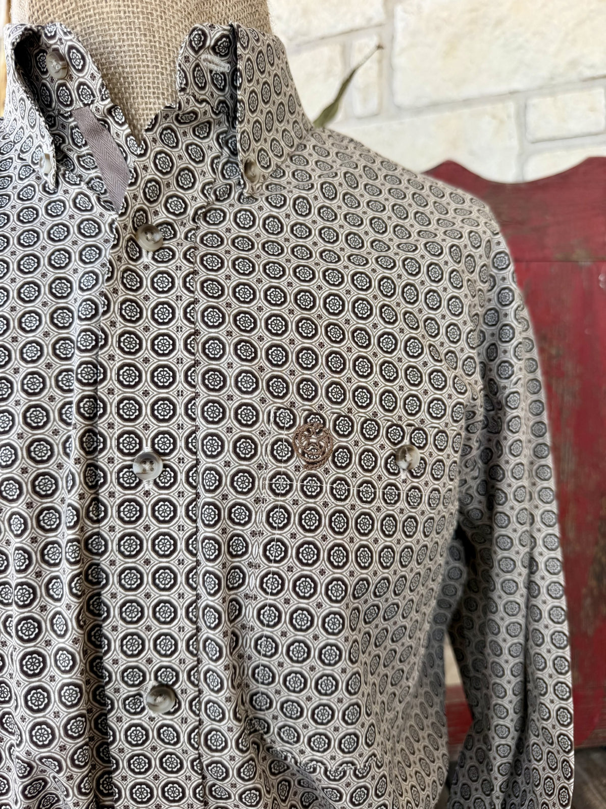 Men's Wrangler Tan and Brown Printed Long Sleeve Shirt