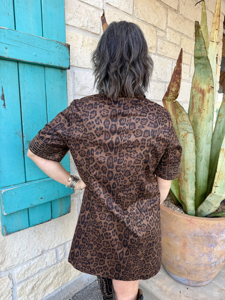 Women's Brown Leopard Faux Suede Shirt Dress