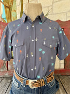 Men's Raised By Coyote navy short sleeve western shirt with all-over multicolor cicada and agave print, pearl snaps, dual chest pockets, and RBC embroidered logo — Blair's Western Wear Marble Falls T