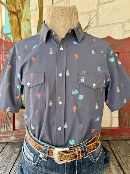 Men's Raised By Coyote navy short sleeve western shirt with all-over multicolor cicada and agave print, pearl snaps, dual chest pockets, and RBC embroidered logo — Blair's Western Wear Marble Falls T