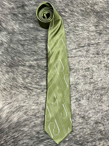 Men's sage green satin necktie with scattered white fish hook and fishing line novelty print, smooth finish, standard width pointed tip — Blair's Western Wear Marble Falls TX
