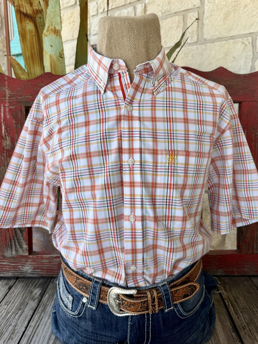 Men's peach mint yellow and white plaid short sleeve button-up Western shirt — Blair's Western Wear Marble Falls TX