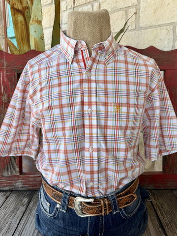 Men's peach mint yellow and white plaid short sleeve button-up Western shirt — Blair's Western Wear Marble Falls TX