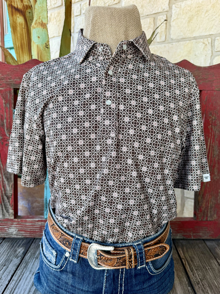 Men's chocolate and pink geometric print short sleeve western shirt — Blair's Western Wear Marble Falls TX