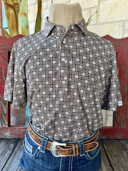 Men's chocolate and pink geometric print short sleeve western shirt — Blair's Western Wear Marble Falls TX