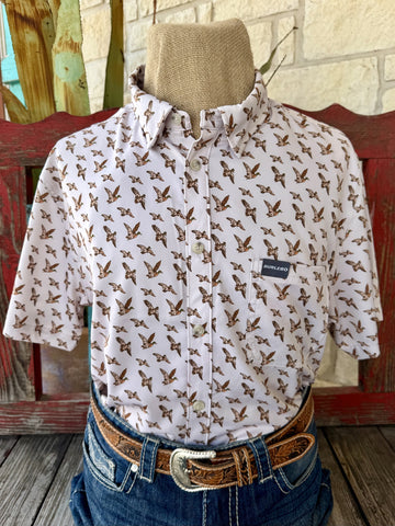 Men's duck print short sleeve button-up Western shirt in natural brown — Blair's Western Wear Marble Falls TX Media Title: Men's Short Sleeve Button-Up Duck Print Shirt PBU-MFI NAT/BRW - Blair's Western Wear Marble Falls TX