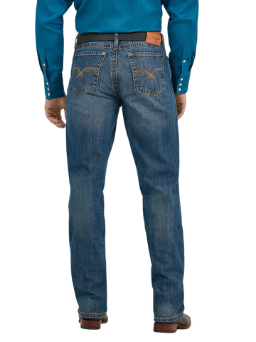 Rear view of a man wearing blue denim jeans with a brown leather belt and a bright blue long-sleeve shirt, shown against a plain white background.