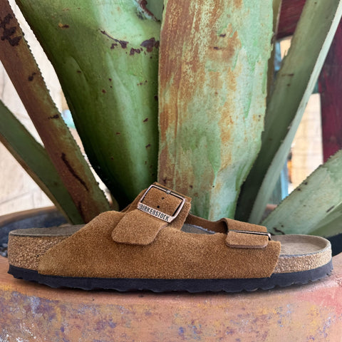 Women's Birkenstock Arizona Mink suede two-strap sandal with soft cork footbed and adjustable buckle straps — Blair's Western Wear Marble Falls TX