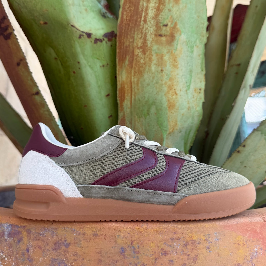 Women's olive and burgundy 2-tone mesh tennis sneaker with lace-up closure and cushioned sole — Blair's Western Wear Marble Falls TX